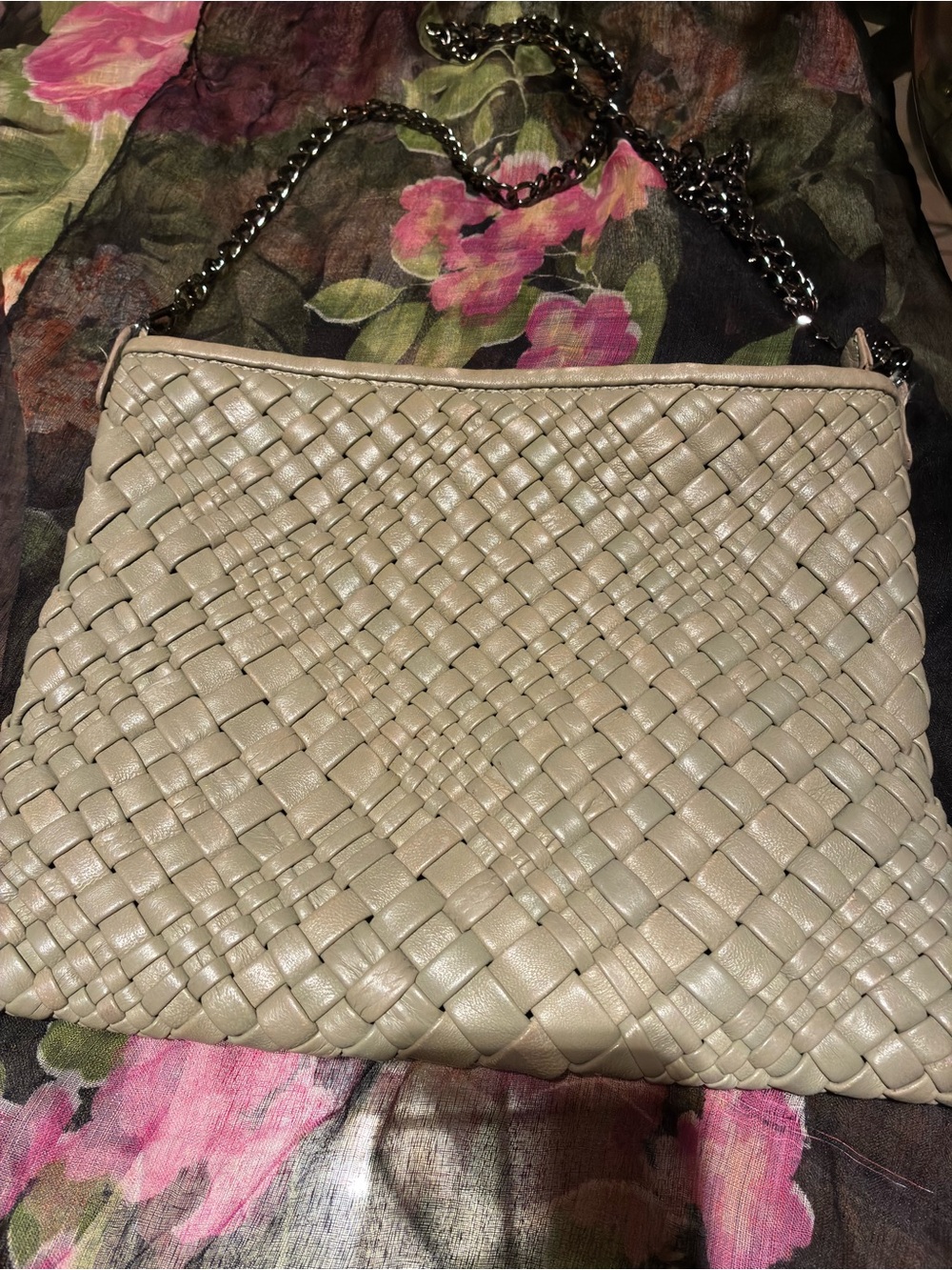 FALOR Italia Woven Leather Crossbody with 48” Gunmetal Chain Strap in Sage Green